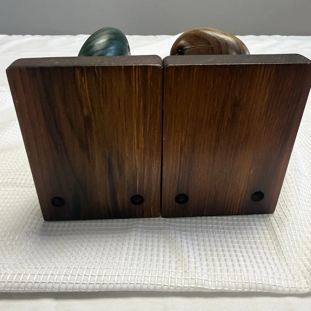 Vintage Wooden Carved Duck Head Glass Eyes Shelf Bookends Mallard MCM Cottage